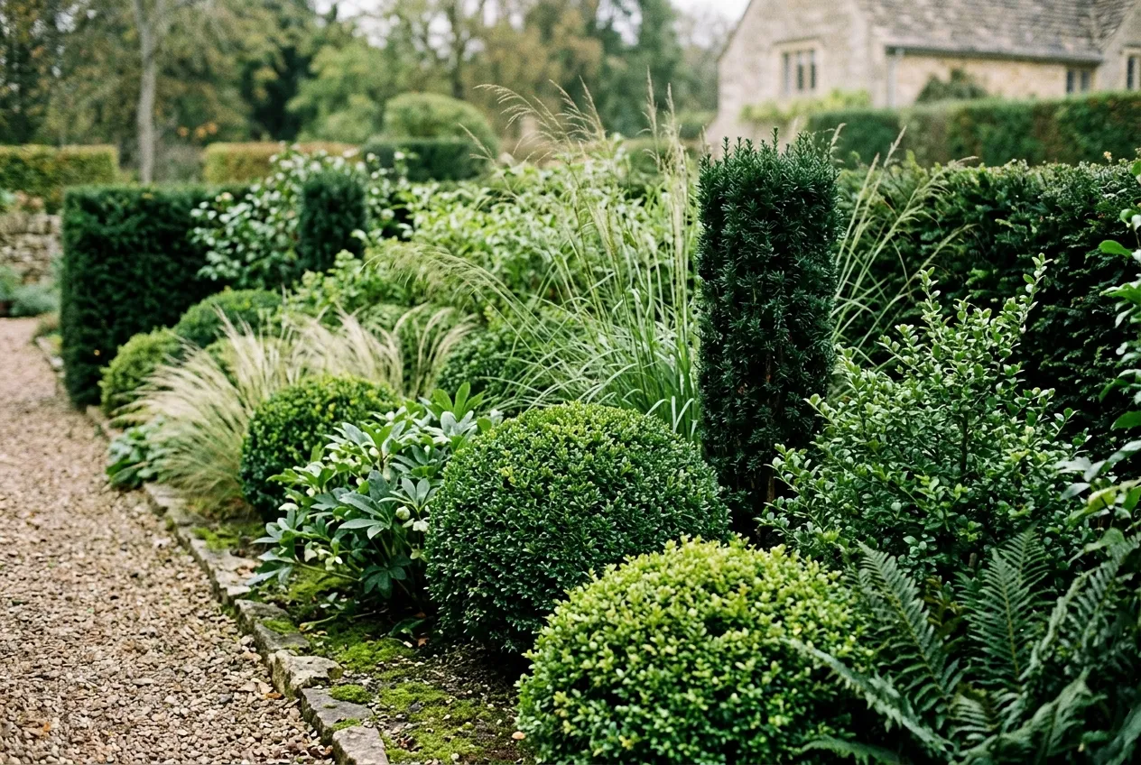 Structural backbone planting of evergreen shrubs, clipped box and ornamental grasses with foliage texture