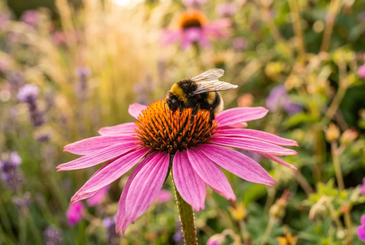 A bee feeding on an echinacea flower in a summer border in warm afternoon light