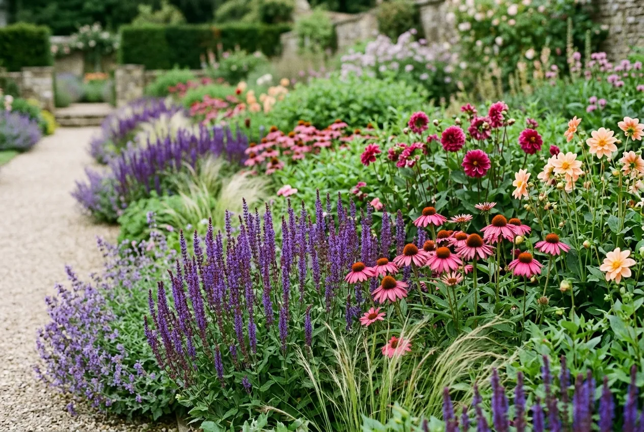 Drifts of salvia, echinacea and dahlia adding colour highlights among green foliage in a summer border