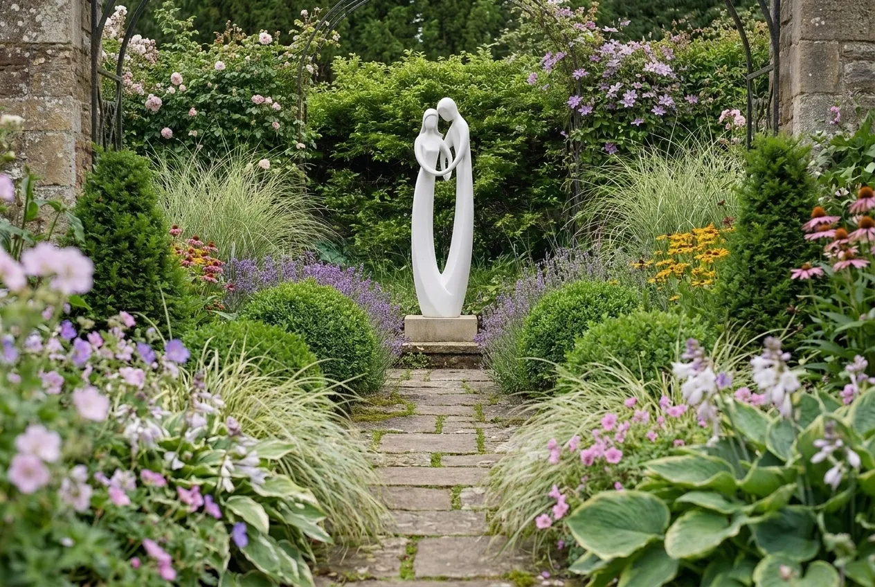 The Endless Love Garden Statue as a stone focal point anchoring the end of a planted mixed border