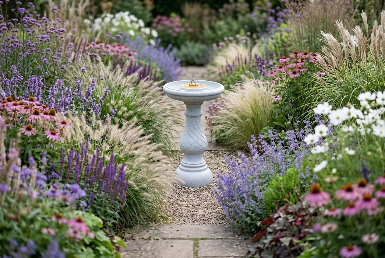 A stone granite sundial as a structural focal point at the junction of two planted borders