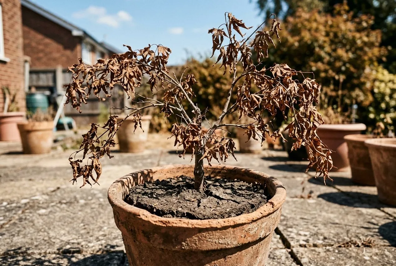 A potted Japanese maple wilting and dried out on a hot suburban patio in midsummer UK sun, the compost surface cracked and dry and the foliage scorched at the edges