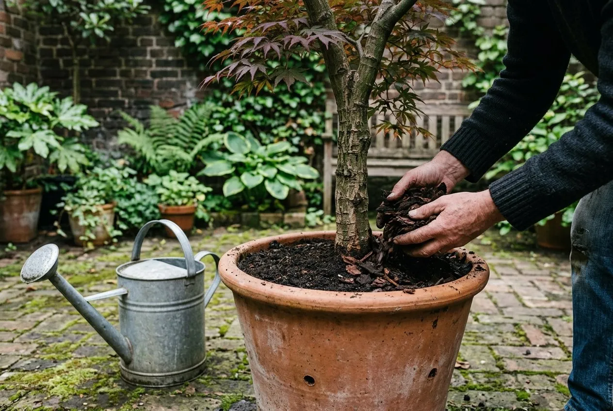 A pair of hands mulching and watering a healthy potted Japanese maple on a shaded UK courtyard, spreading bark mulch over the compost surface with a watering can nearby