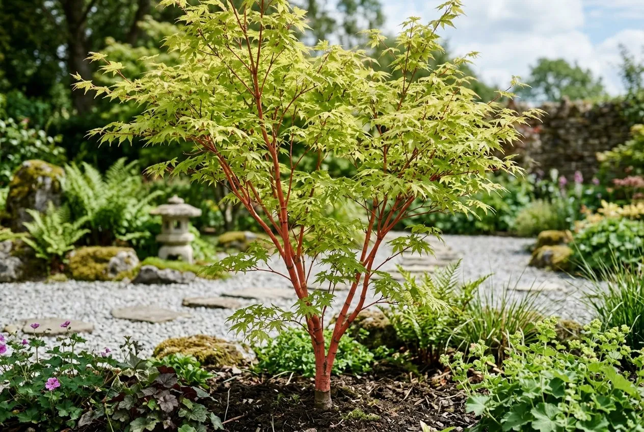A healthy coral-bark Japanese maple 'Sango-kaku' in good leaf colour in a UK garden, showing the sun-tolerant upright form that copes with brighter positions