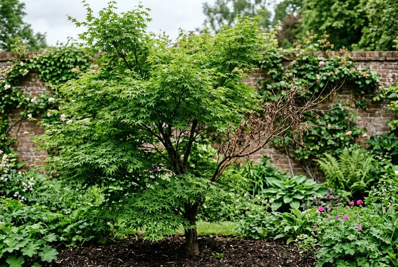 A diagnostic image of a Japanese maple in a UK garden with one whole branch wilted and dead while the rest of the tree stays green, illustrating verticillium dieback rather than even leaf scorch
