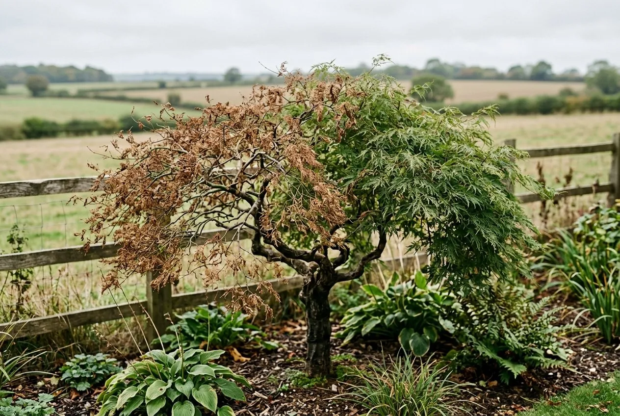A lace-leaf Japanese maple in an exposed UK garden corner with the fine dissected foliage browned and crisped on the windward side from cold drying wind