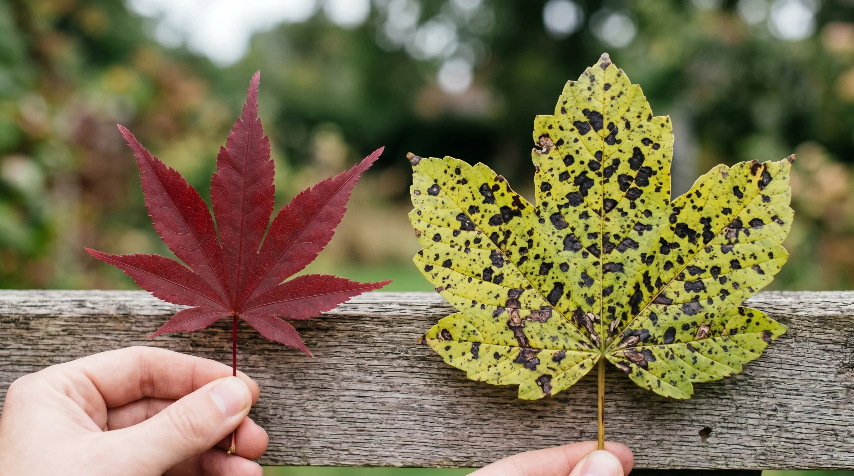 A diagnostic comparison of two UK acer leaves side by side, the left a heavily-spotted sycamore and the right a clean Japanese maple, both photographed in late August