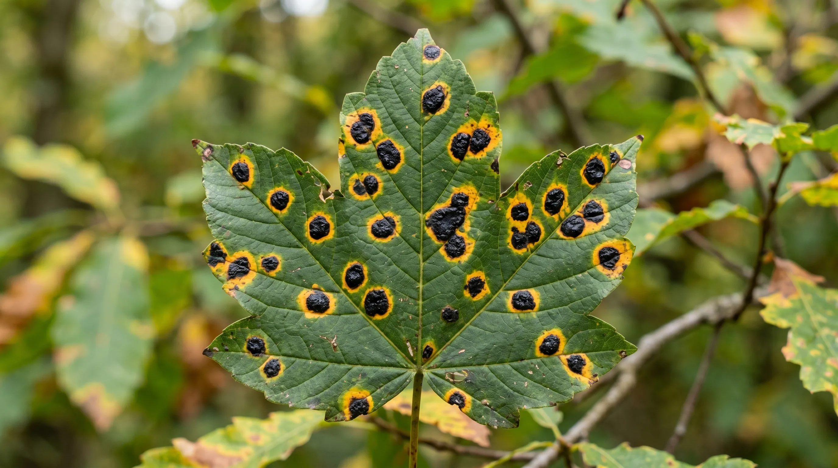 A diagnostic close-up of a UK sycamore leaf showing classic acer tar spot disease with large black tar-like spots surrounded by yellow halos