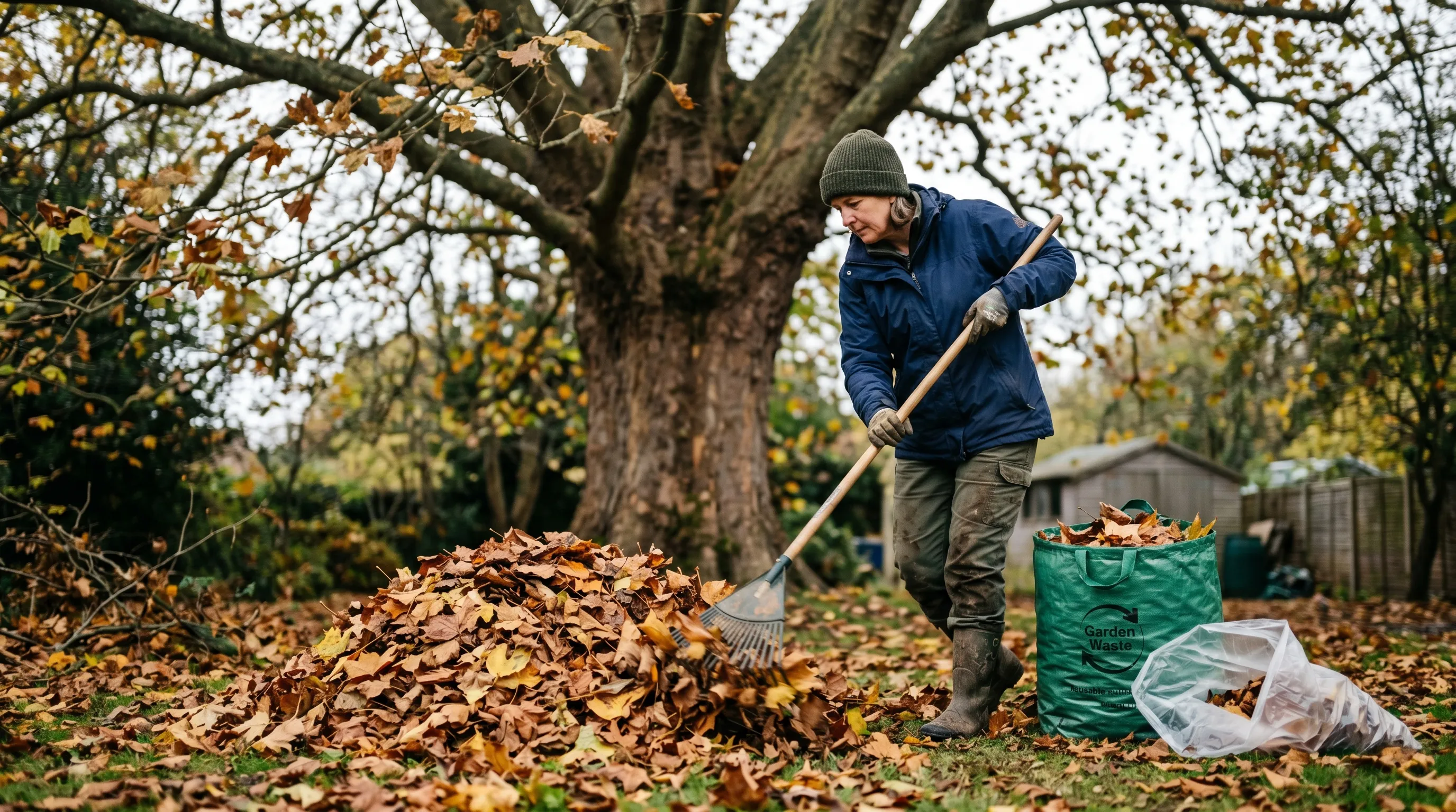 A UK gardener raking fallen sycamore leaves under a mature tree in late October, with the rake gathering the leaves into a pile for sealed disposal