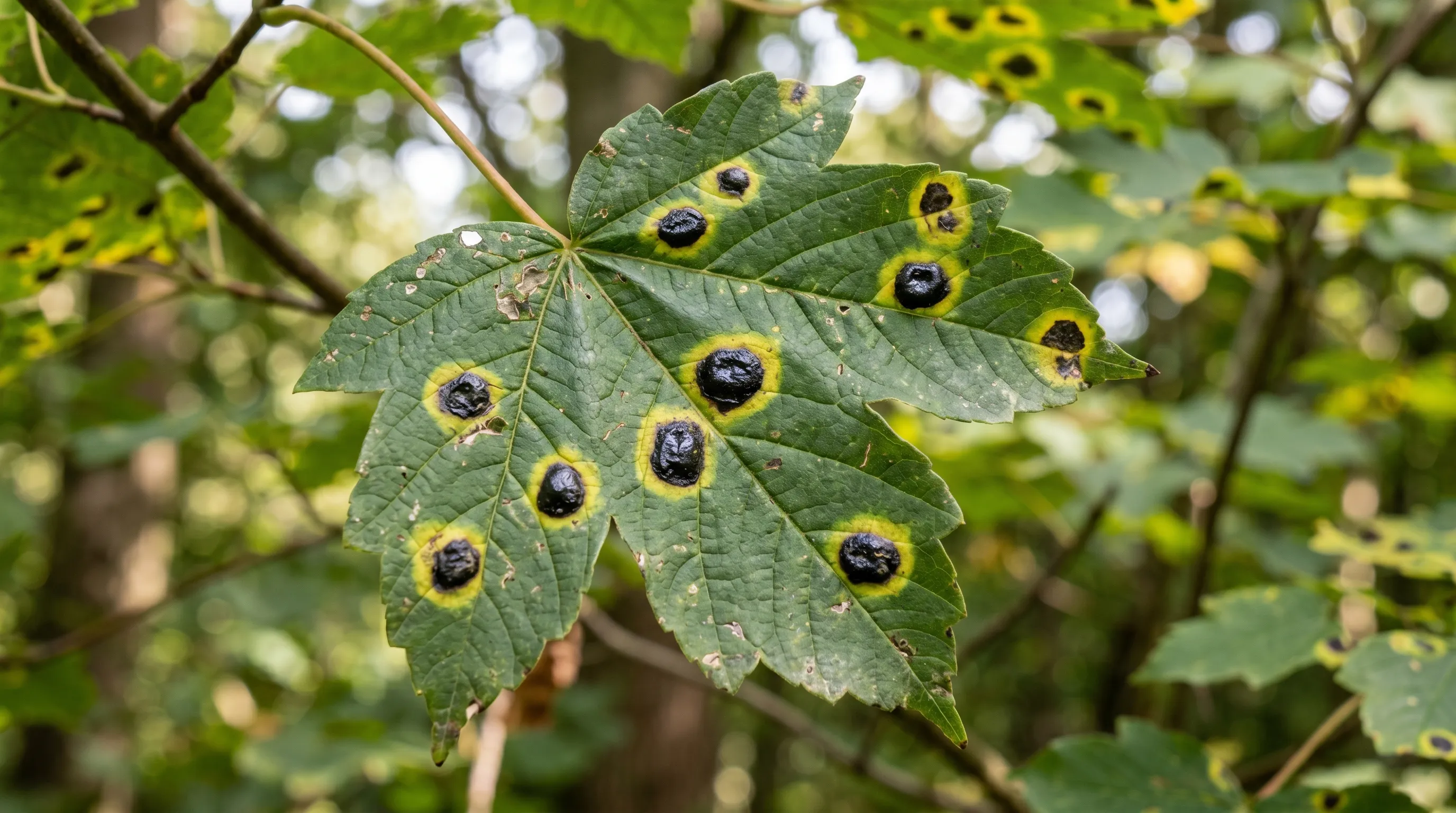 A diagnostic close-up of a UK sycamore leaf showing multiple acer tar spot lesions with characteristic raised black centres surrounded by yellow halos, in late August