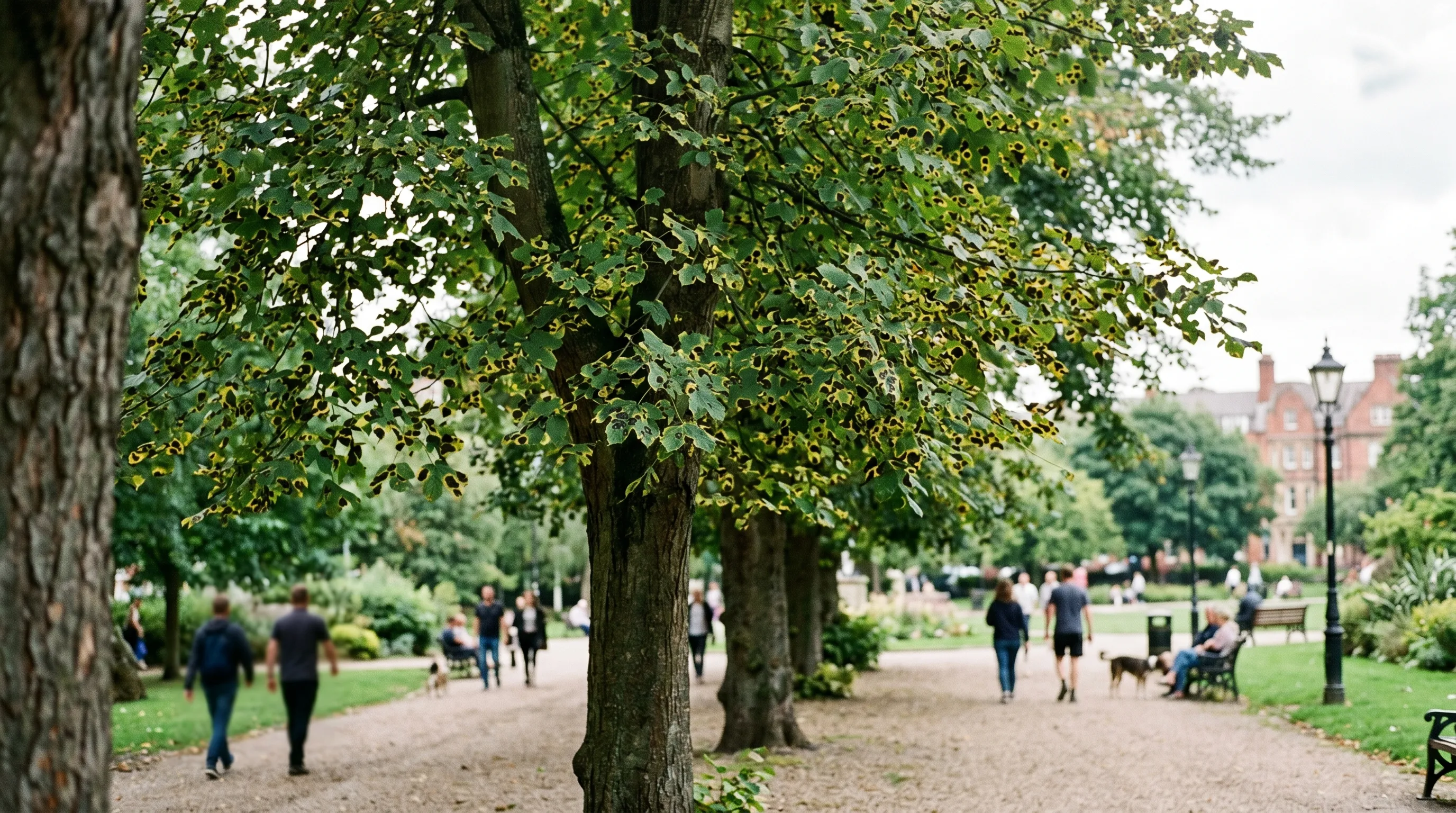 A UK city park showing multiple sycamore trees with visible acer tar spot affecting most leaves in late summer, illustrating the widespread post-1990 spread across UK urban trees