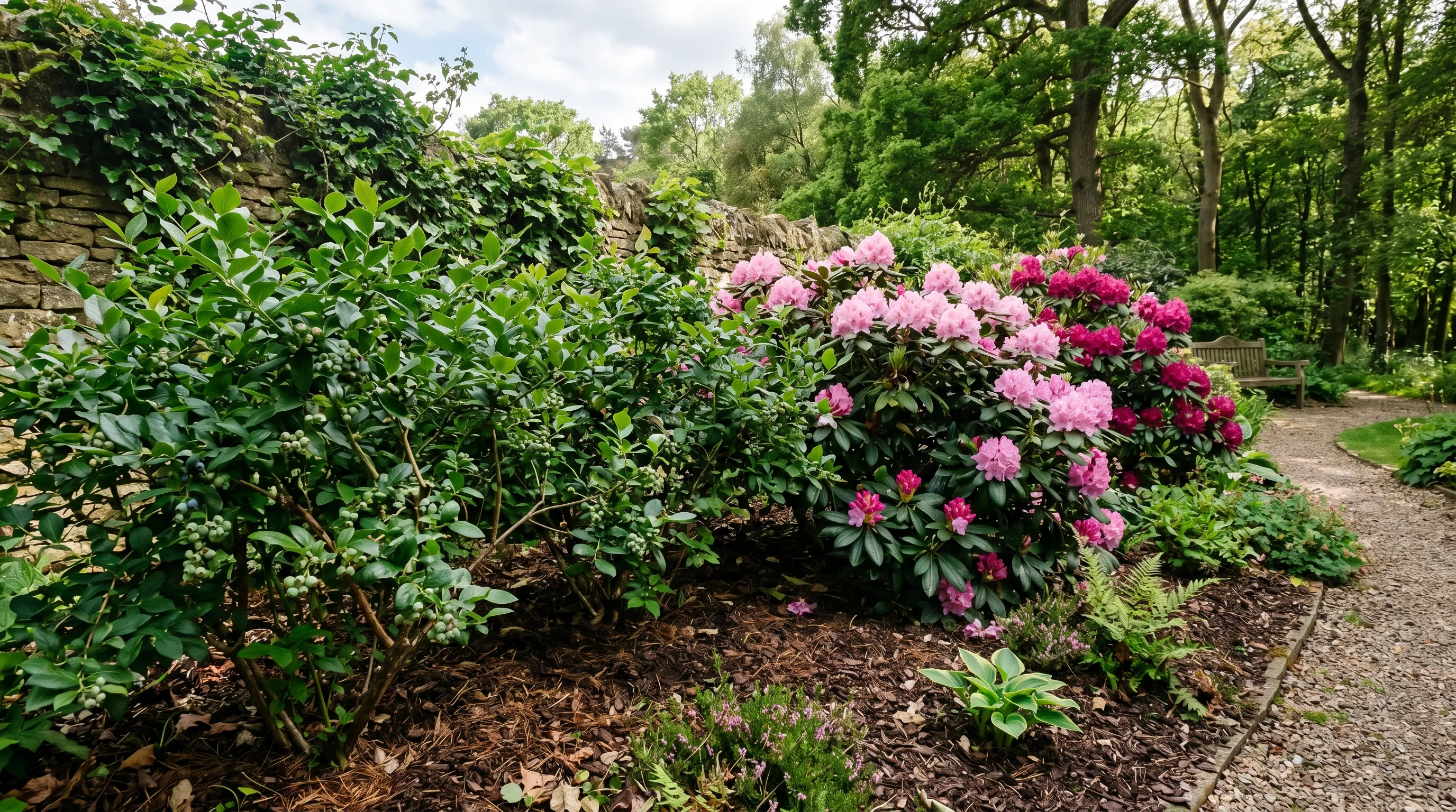 UK garden bed with healthy thriving blueberry bushes and rhododendron showing the dark glossy leaves of acid-loving plants
