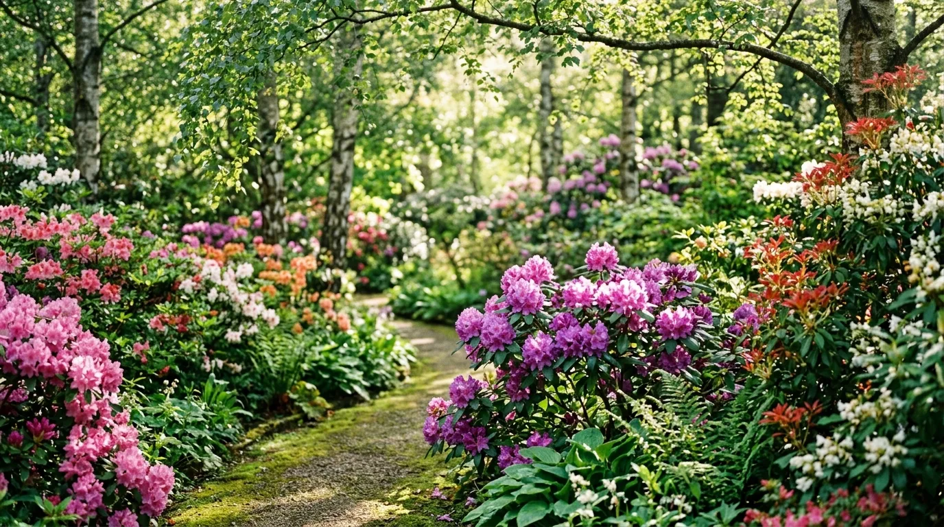 Acid soil garden in the UK with rhododendrons, camellias, and blueberry bushes thriving in ericaceous beds