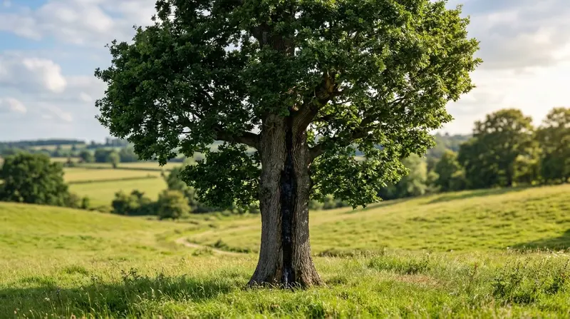 A mature English oak in parkland with a dark weeping stem bleed running down the trunk