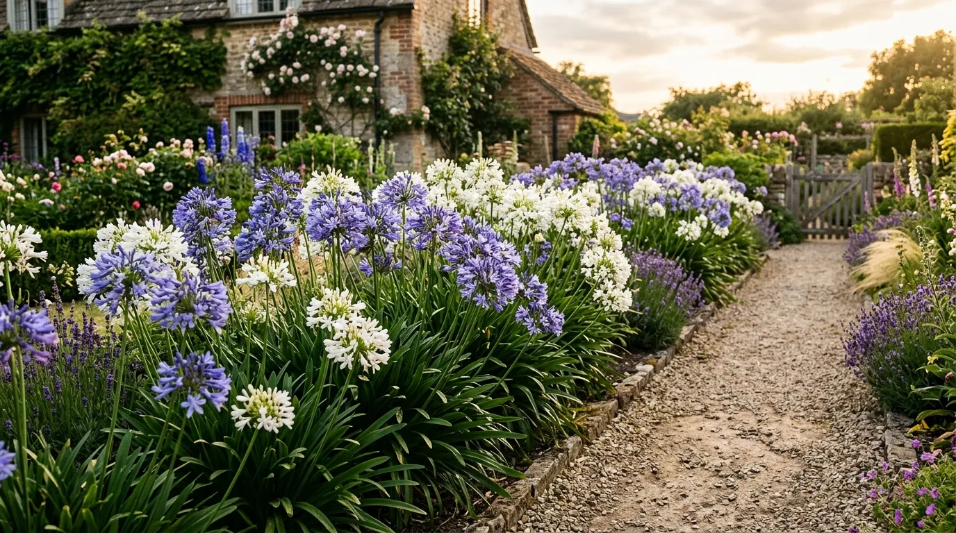 Agapanthus in full bloom in a UK garden border during summer