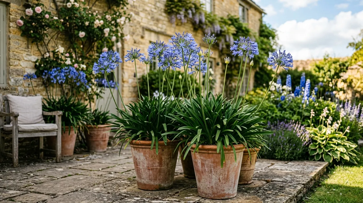 Agapanthus growing in containers on a sunny UK patio