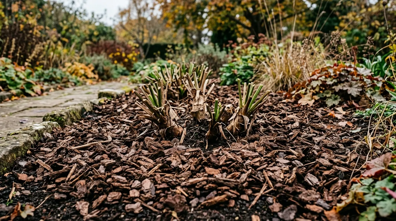 Agapanthus crown mulched for overwintering in a UK garden