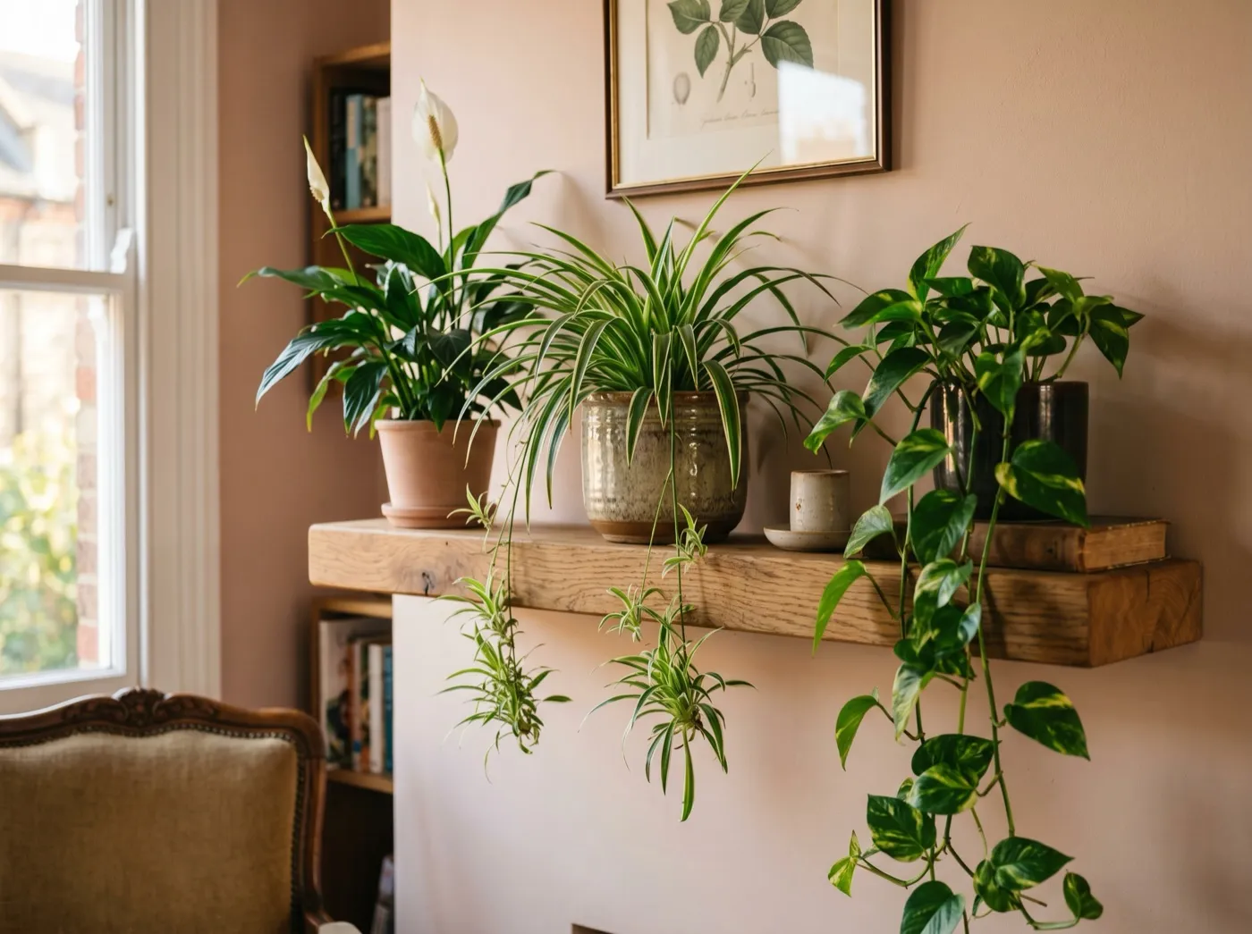 Spider plant, peace lily and pothos grouped on a bright UK terraced living room shelf