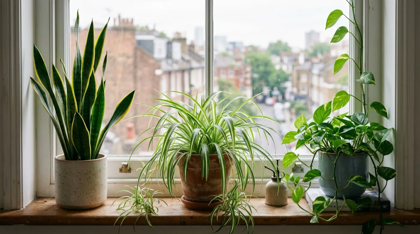 Cluster of air-purifying houseplants including spider plant and snake plant on a bright UK flat windowsill