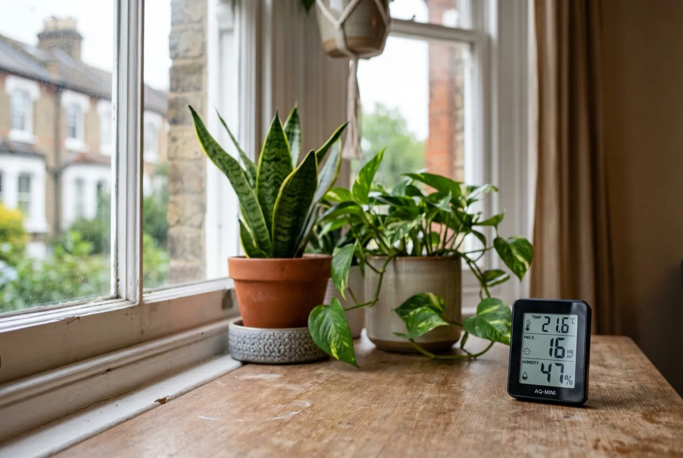 Snake plant and pothos on a windowsill next to a cheap VOC and humidity monitor in a UK flat