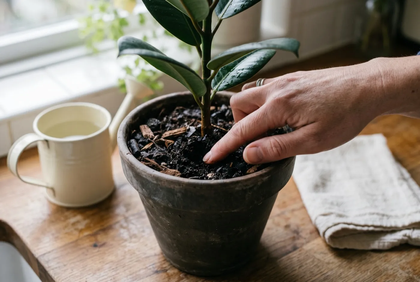 Wiping dust from the leaves of a potted rubber plant beside a watering can on a UK kitchen worktop in winter