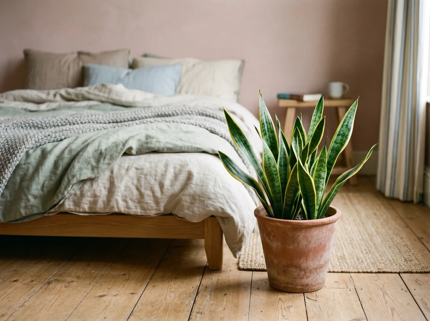 Snake plant in a terracotta pot on a bedroom floor in soft natural UK daylight