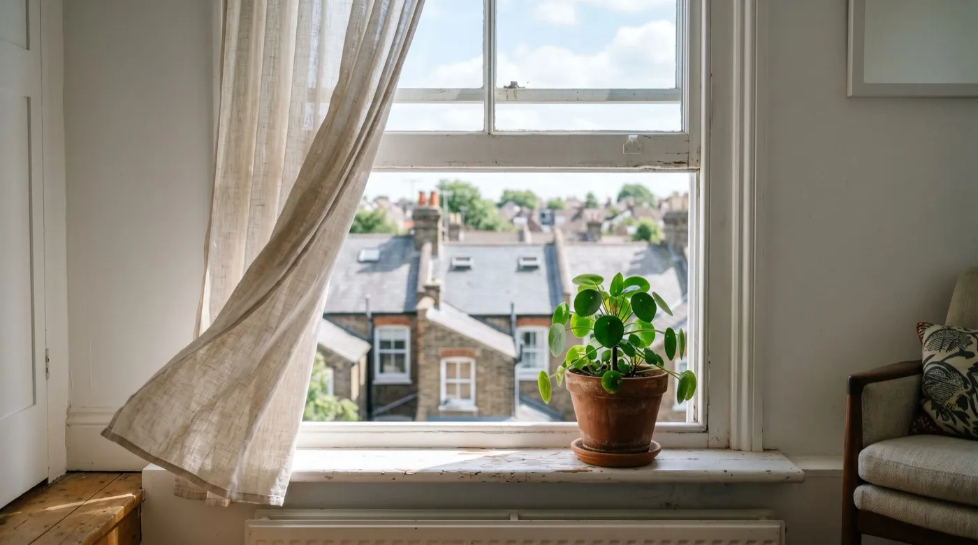 Open sash window in a UK flat with a houseplant on the sill, fresh air entering the room