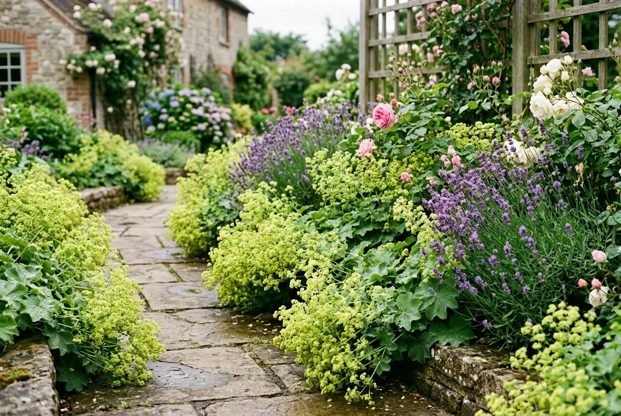 Alchemilla mollis planted as ground cover edging a garden path in a UK garden with lime-green foliage spilling over stone edges