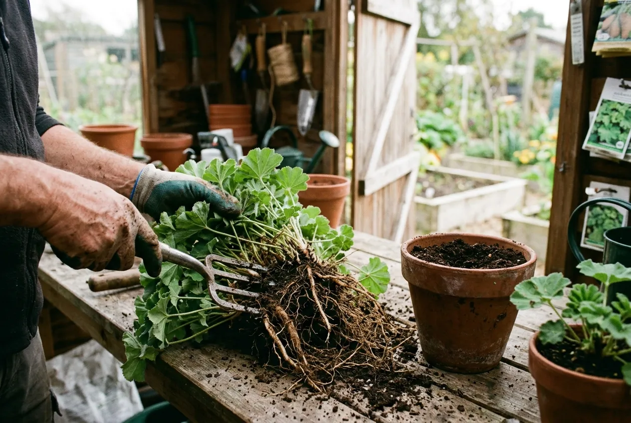 Propagation of Alchemilla mollis by division showing a gardener splitting a mature clump on a potting bench