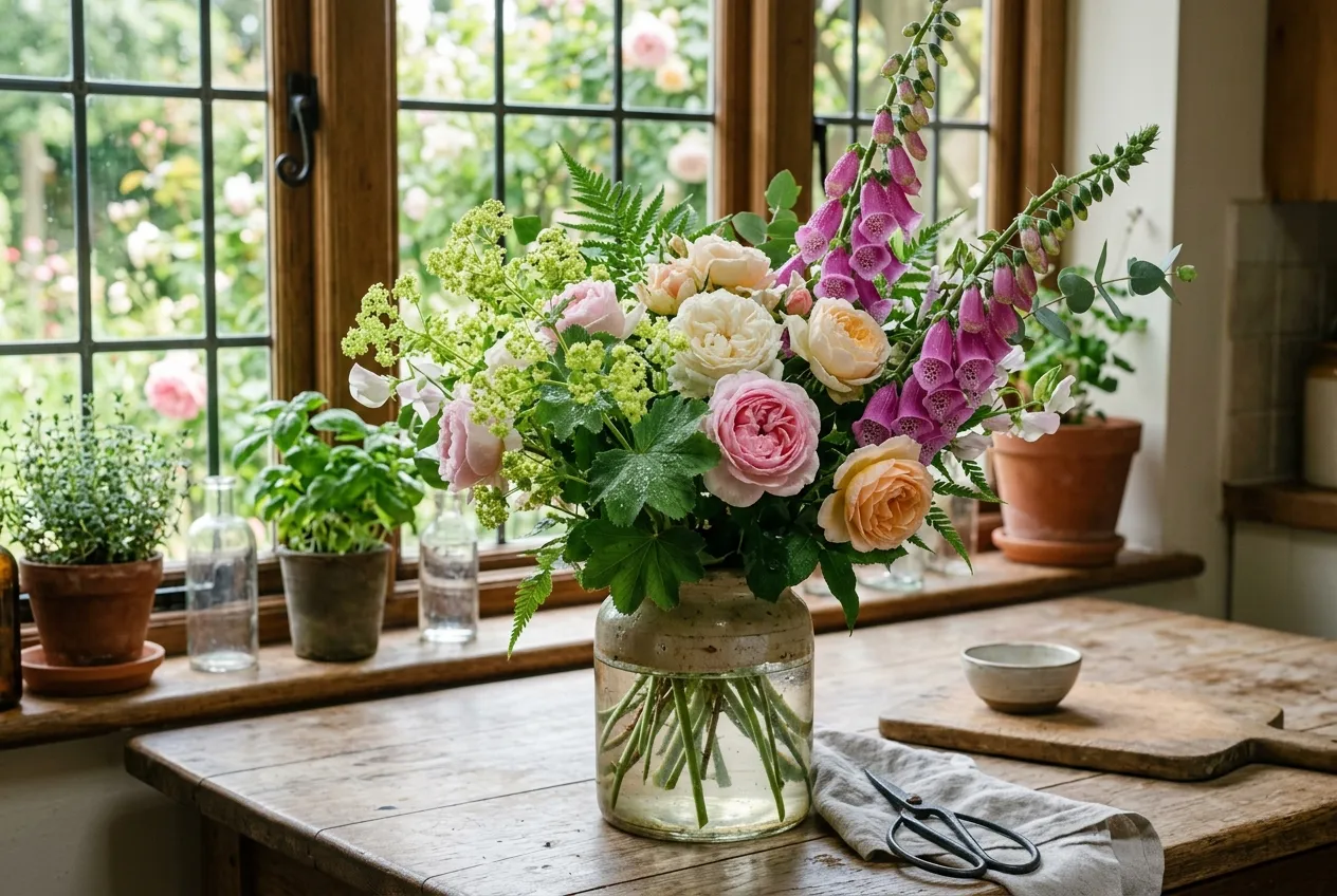 Alchemilla mollis in a flower arrangement with roses and foxgloves on a wooden kitchen table