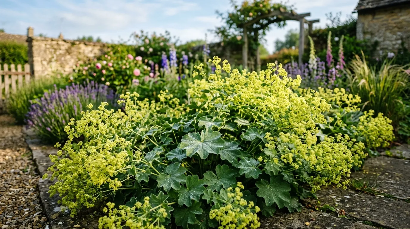 Alchemilla mollis growing in a UK cottage garden border with chartreuse-yellow flower sprays and dew on scalloped leaves