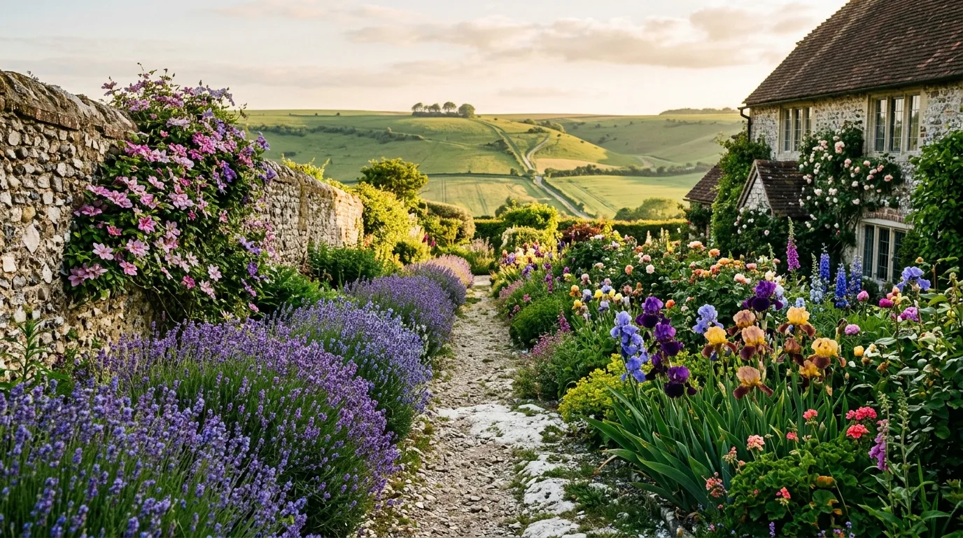 Lavender and scabious flowering in a sunny chalk garden border on the South Downs with alkaline soil