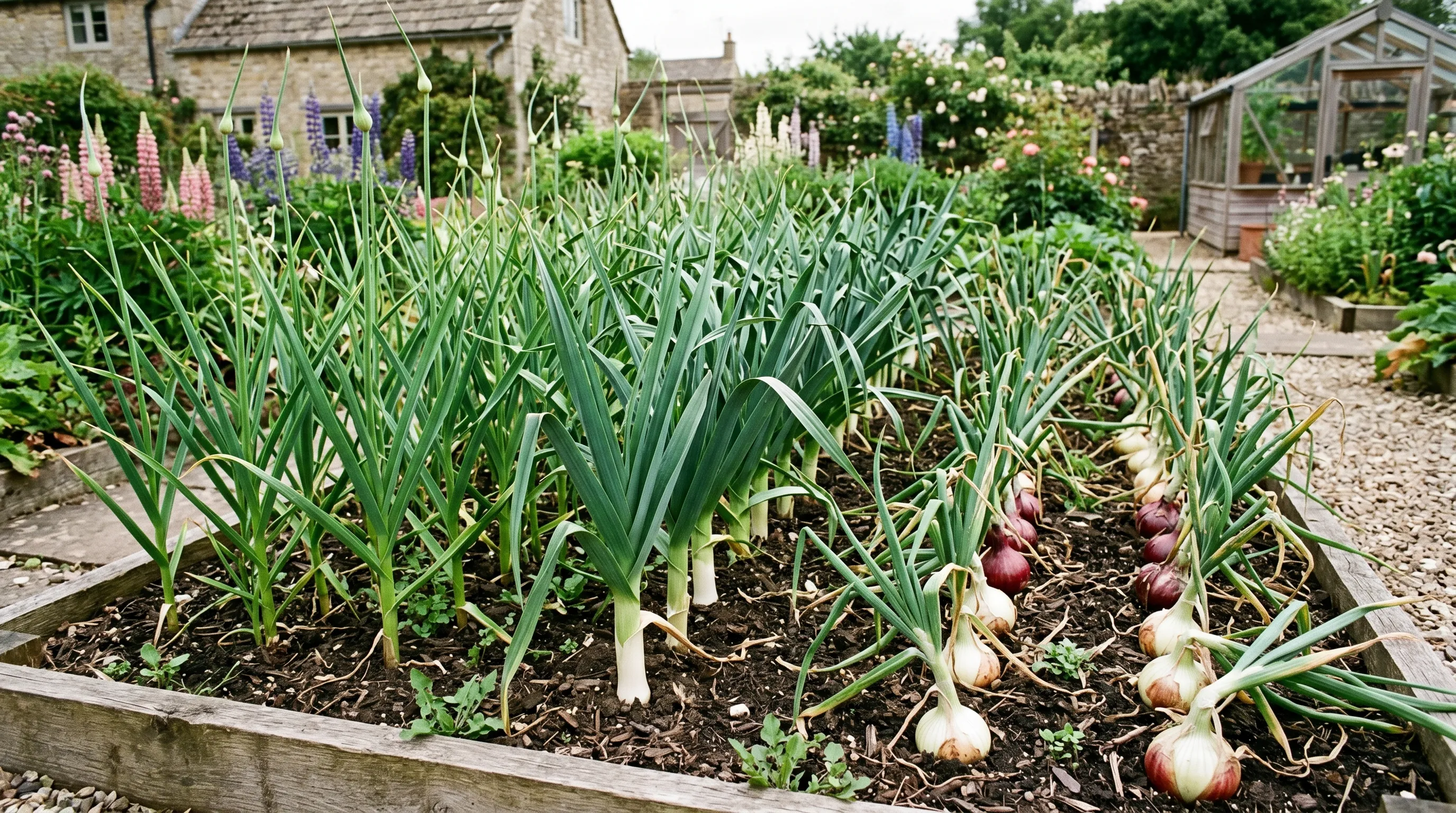Allium family in a UK kitchen garden - rows of garlic with tall green leaves, leeks with thick white shafts, onions with bulbs swelling above soil