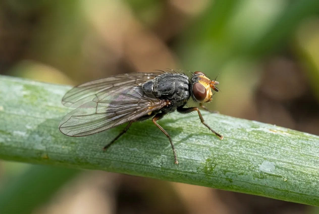 Allium leaf miner adult fly on an onion leaf showing grey-black body and orange head markings