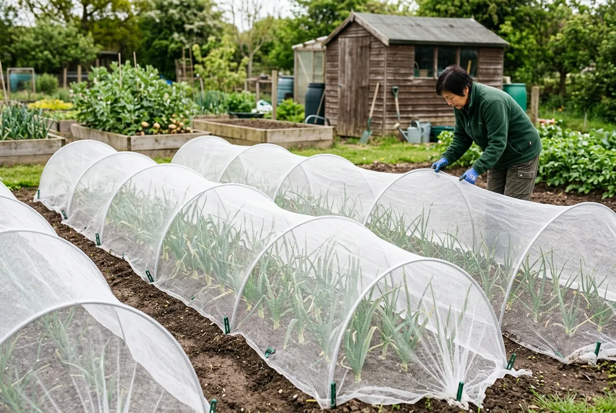Enviromesh insect netting protecting leek and onion rows on a UK allotment with gardener checking the cover