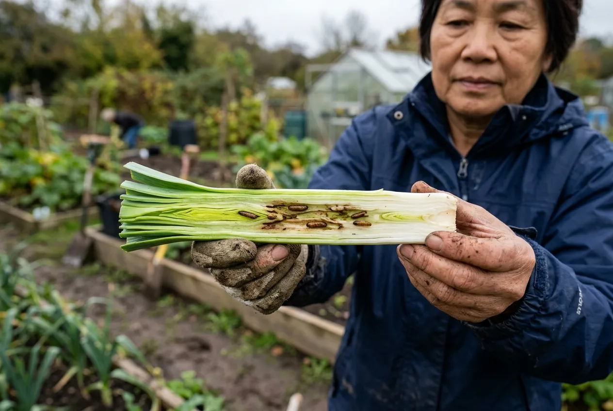 Allium leaf miner pupae visible inside a cut leek stem held by a gardener at a UK allotment