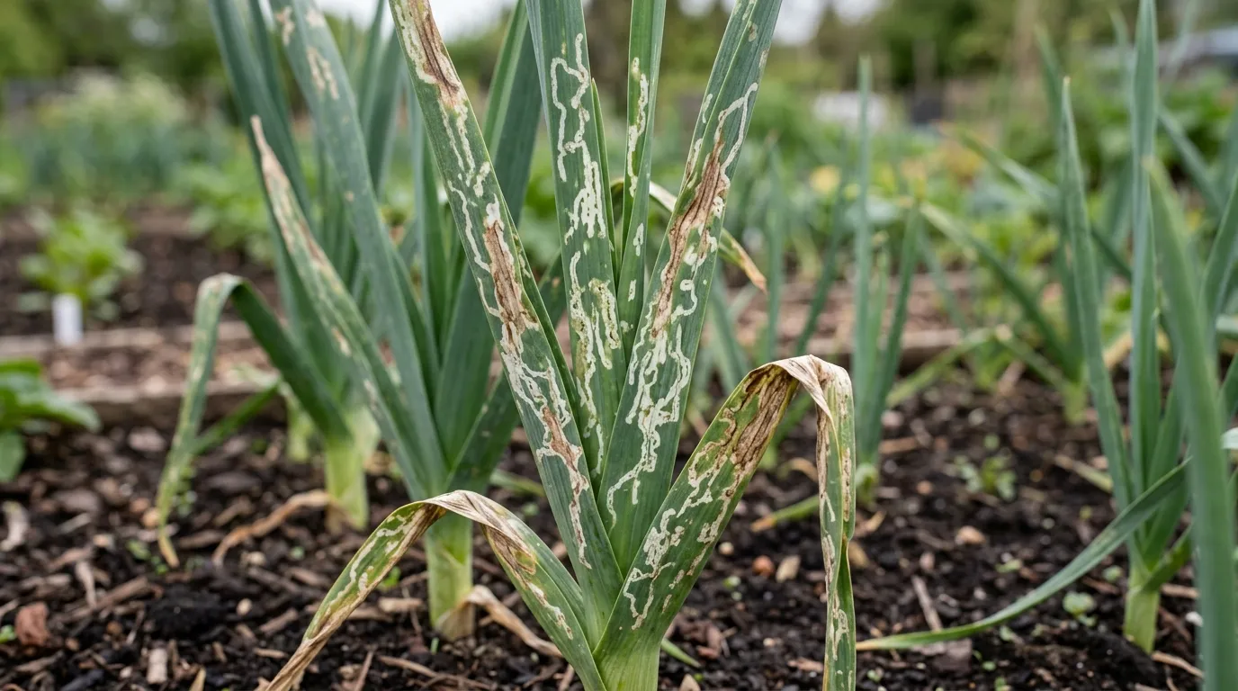 Allium leaf miner damage showing white mining trails on leek leaves in a UK vegetable garden