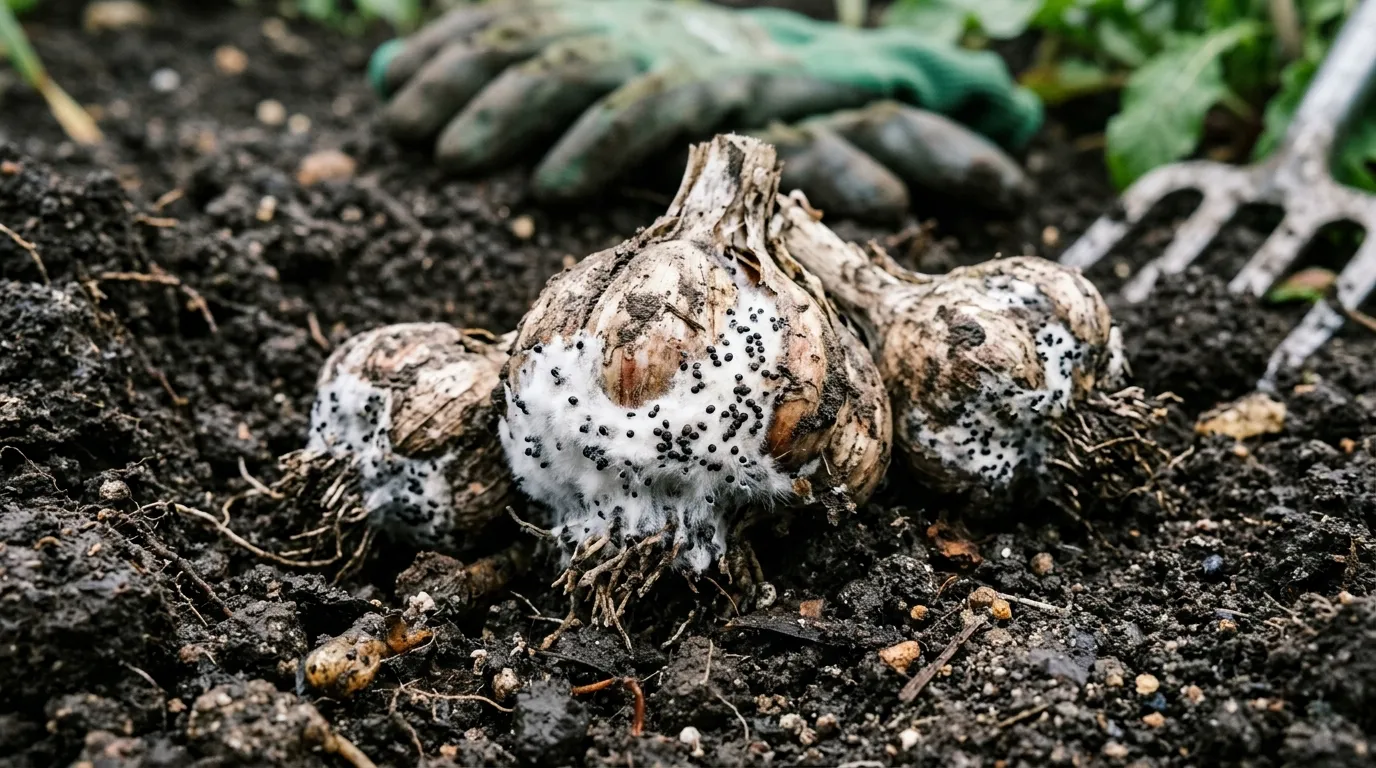 Allium white rot on garlic bulbs showing white fluffy fungal growth and black sclerotia