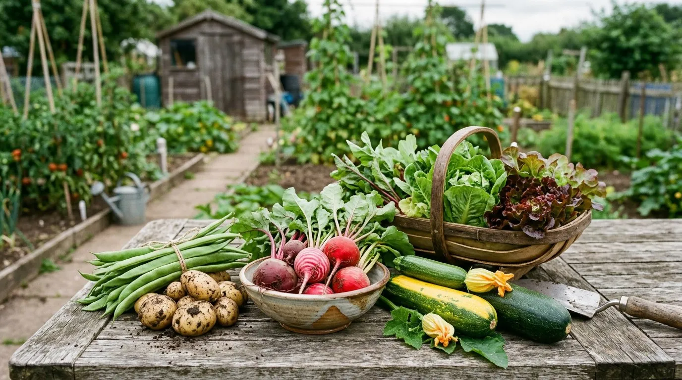 Freshly harvested allotment vegetables on a rustic wooden table including courgettes, runner beans, beetroot, potatoes, and lettuce