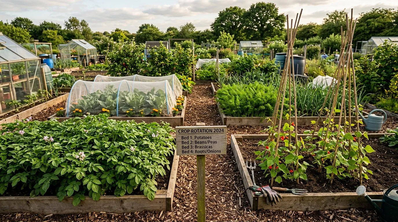 Four-bed crop rotation system on a UK allotment with potatoes, beans, brassicas, and root vegetables in separate raised beds