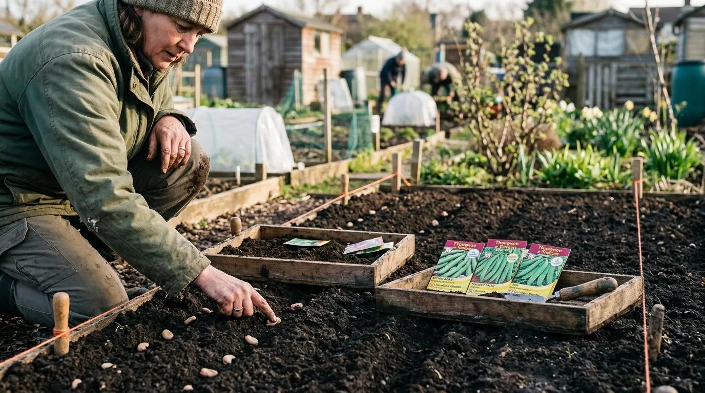 Hands sowing seeds into dark rich soil on a UK allotment bed with seed packets and garden line visible