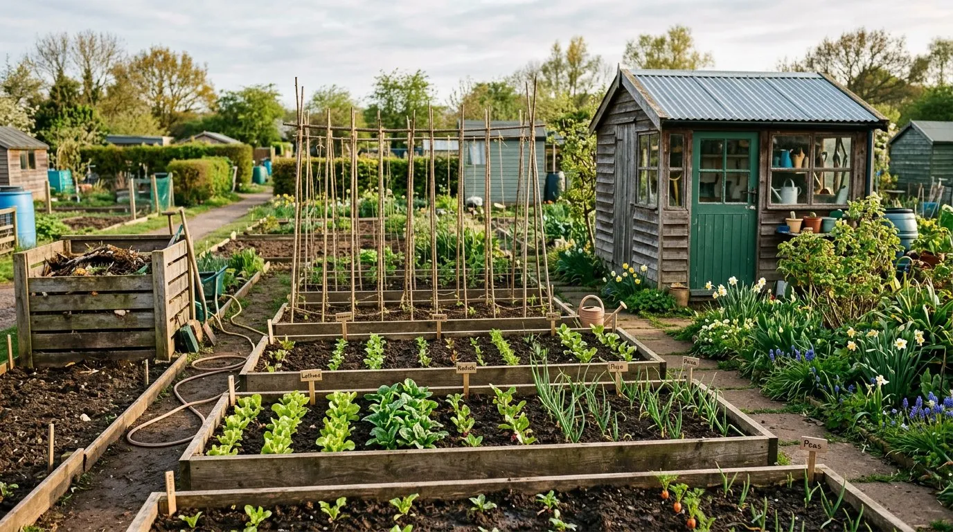 Well-tended UK allotment plot in early spring with raised beds, bean wigwams, and a weathered shed in warm morning light
