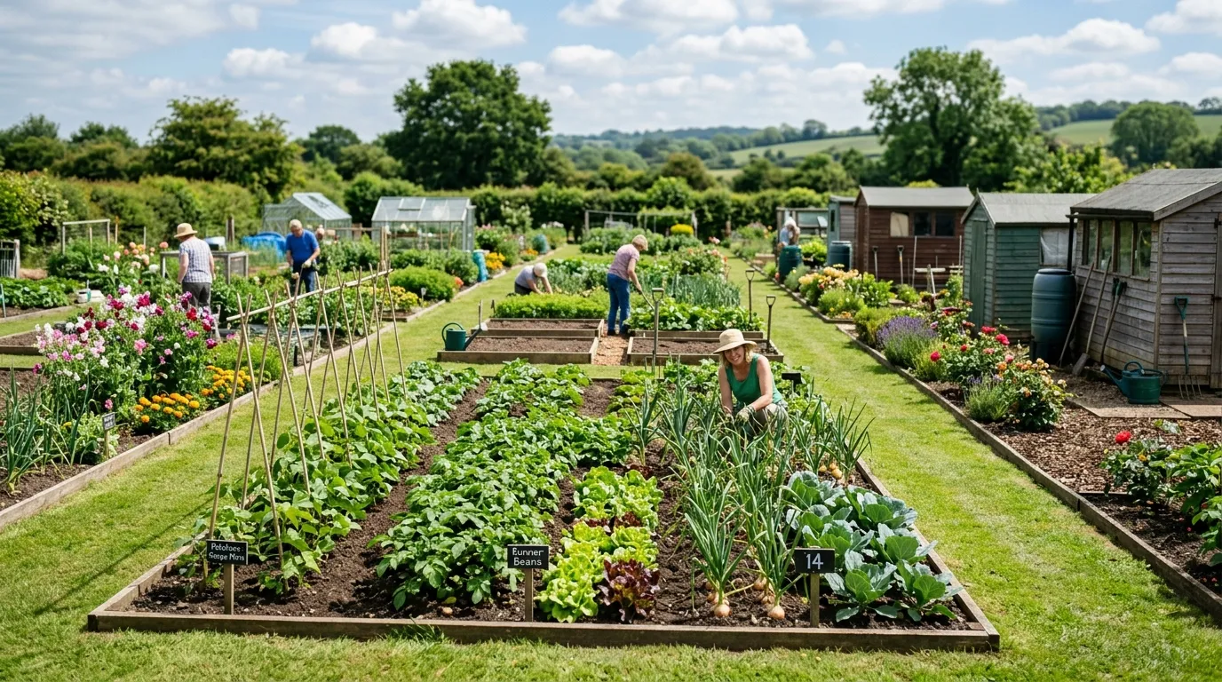 Allotment inspection with well-cultivated plots and paths in a UK allotment site