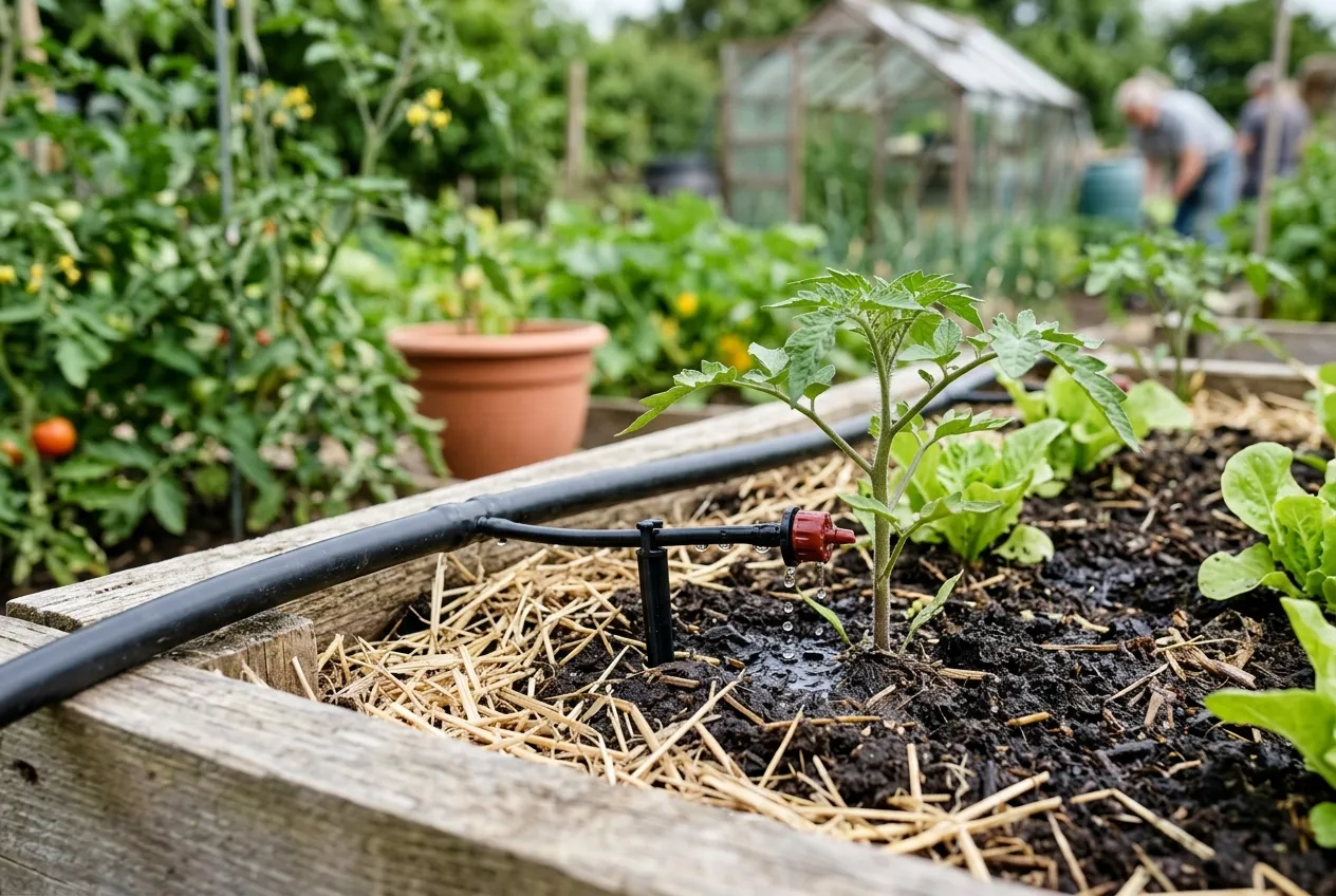 Close-up of allotment water drip irrigation system watering vegetables in a raised bed with mulched soil