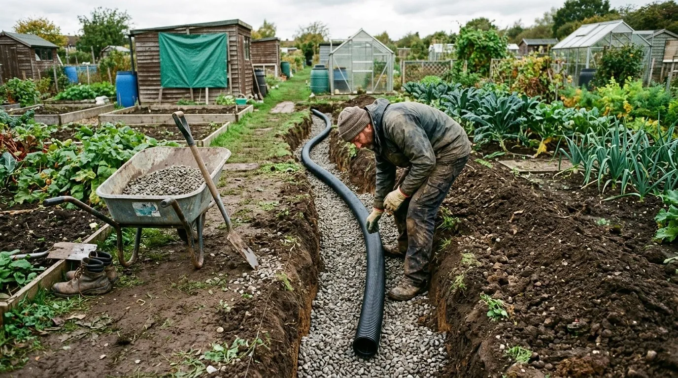 A French drain trench under construction with perforated pipe and gravel on a UK allotment