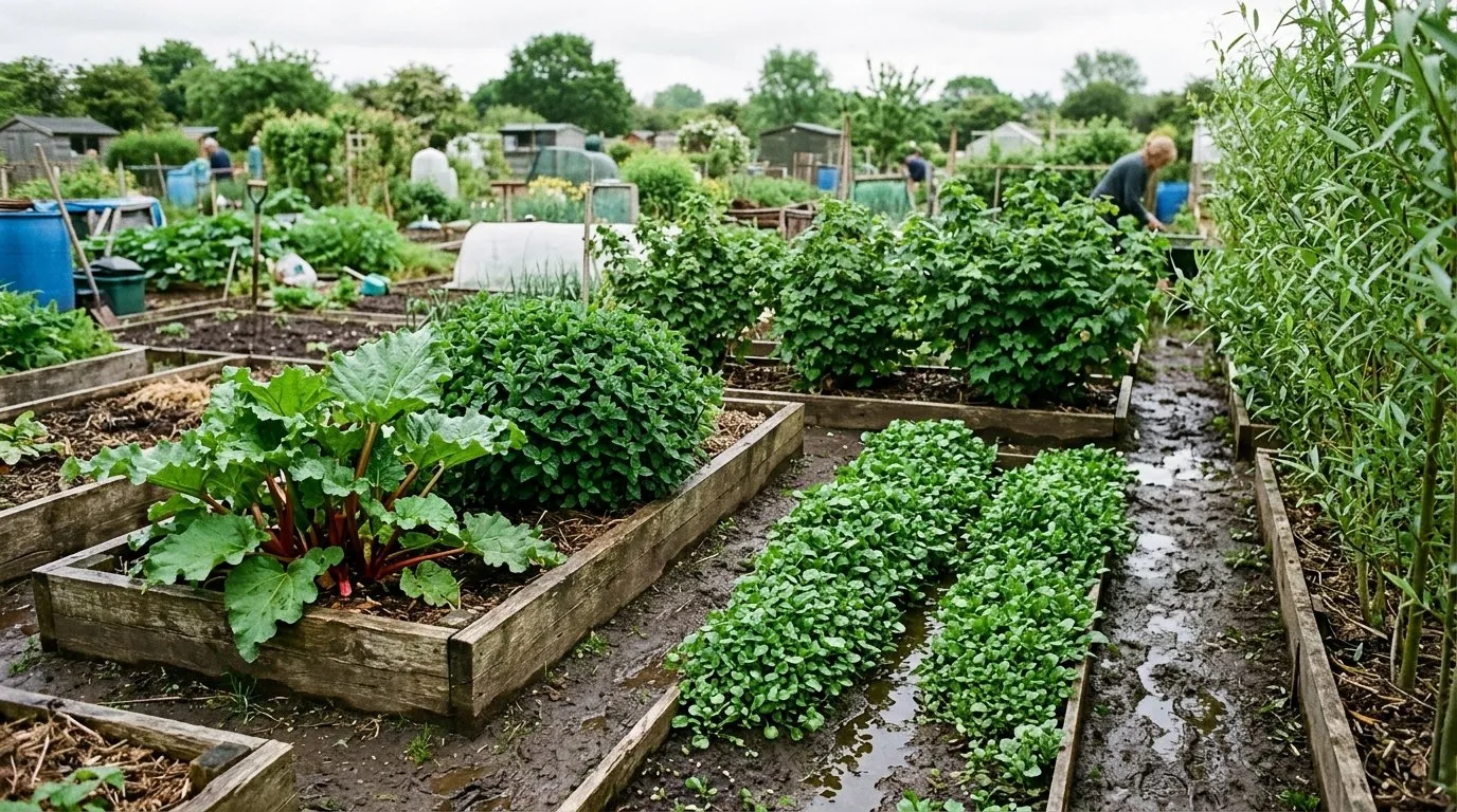Flood-tolerant crops growing healthily on raised beds on a UK allotment