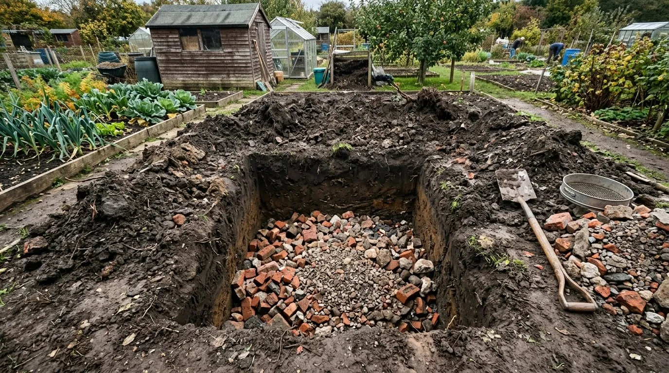 A soakaway pit being dug with broken brick rubble and gravel on a UK allotment