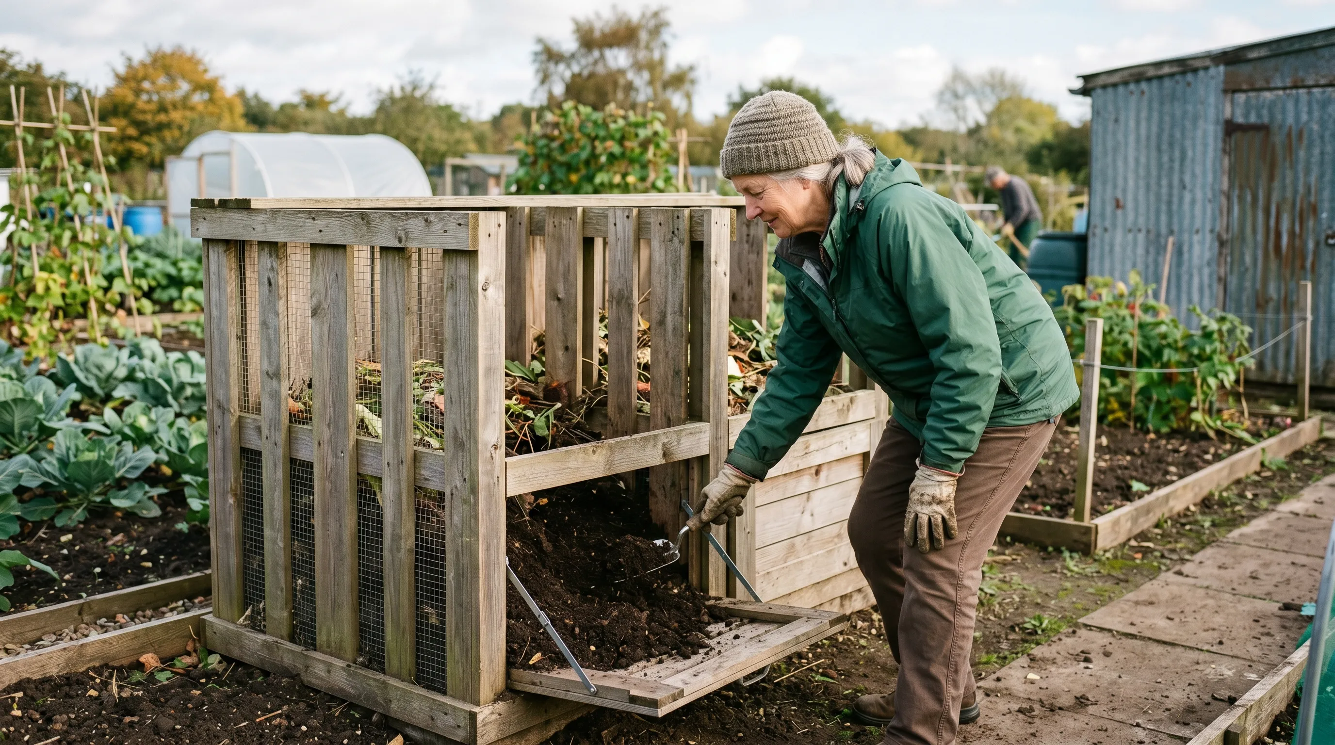 Standing height compost system on UK allotment plot two-bay design for older gardener no-lifting access