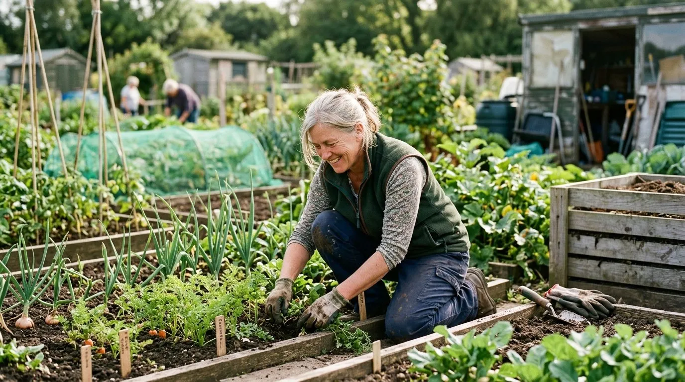 UK gardener working on allotment gardening older gardeners in a real garden setting