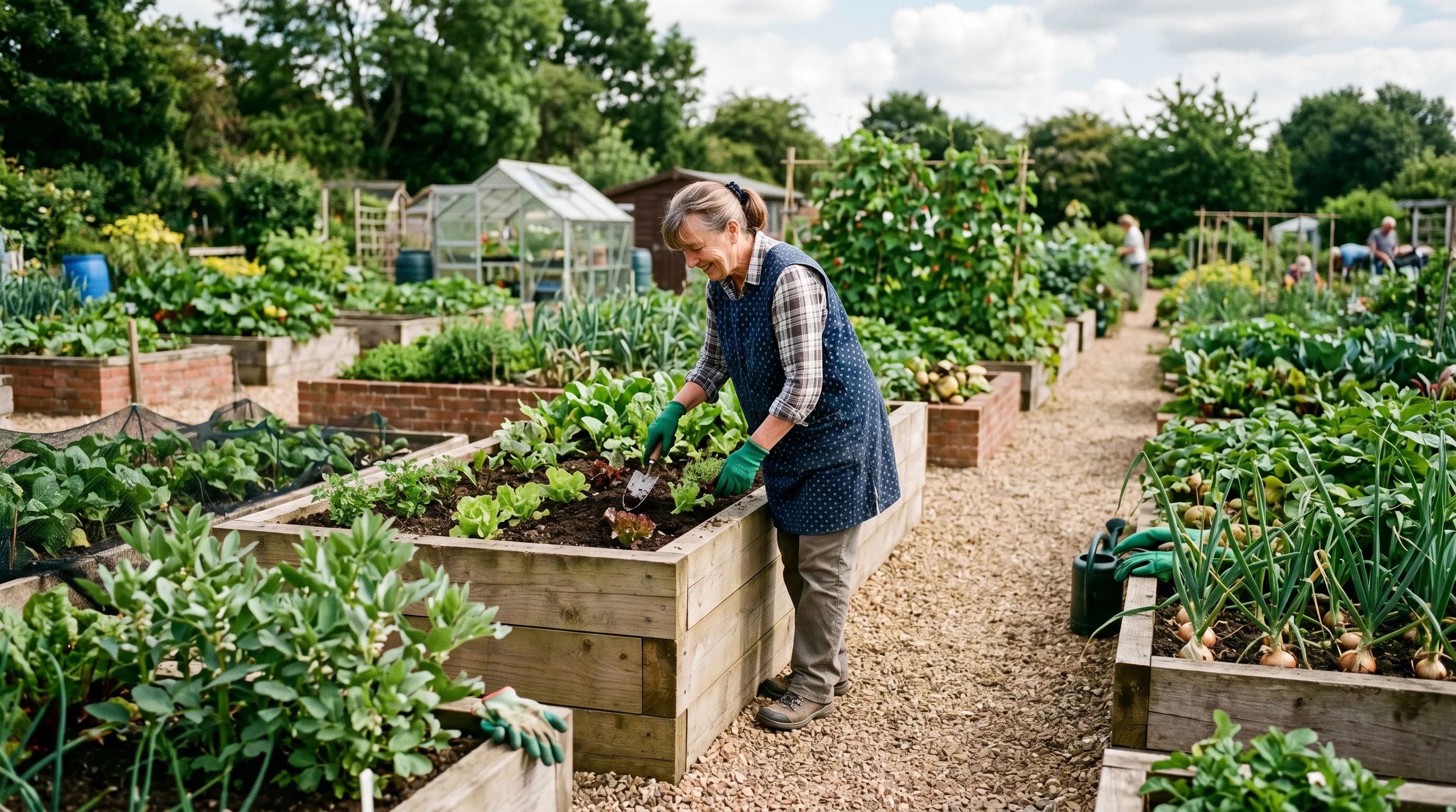 Older UK gardener tending raised beds on adapted allotment plot with wide paths and no-bend planting in early summer